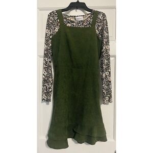 Overalls Dress Corduroy Jumper Green 2-Piece Floral Shirt Zipper Girls Size 16